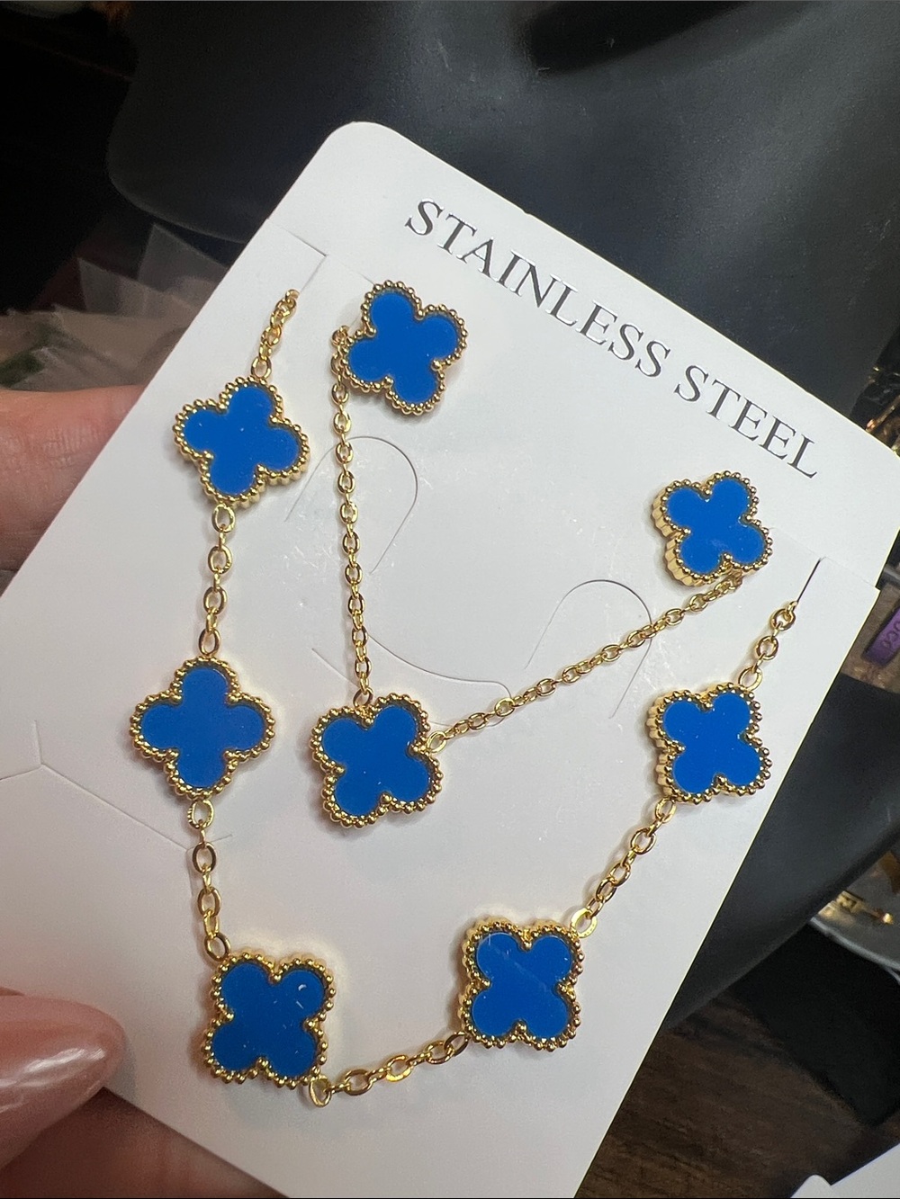 Gold Stainless Steel Blue Clover Pendant Necklace and Earrings Set